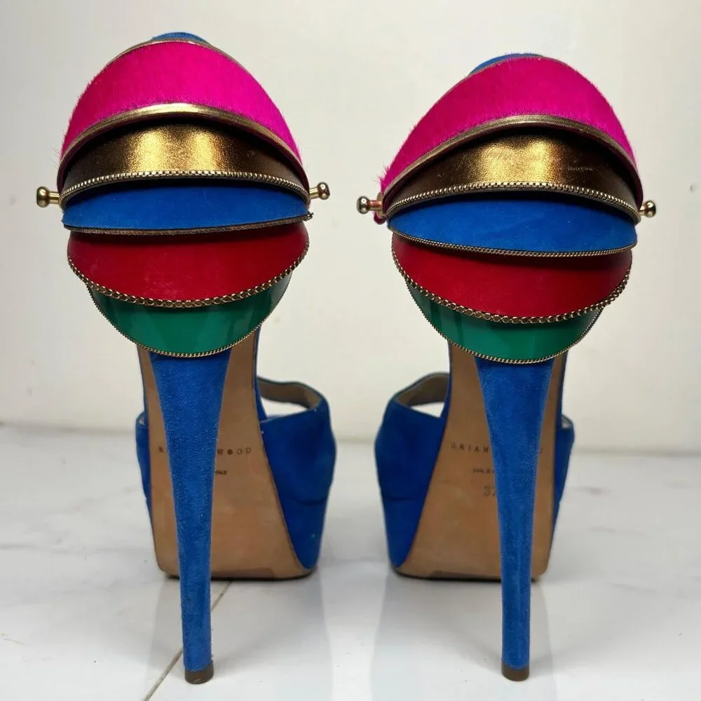 Brian Atwood TRIBECA Cuffed Blue Suede Platform Heels Multicolor Ankle Strap 37 - Picture 2 of 12